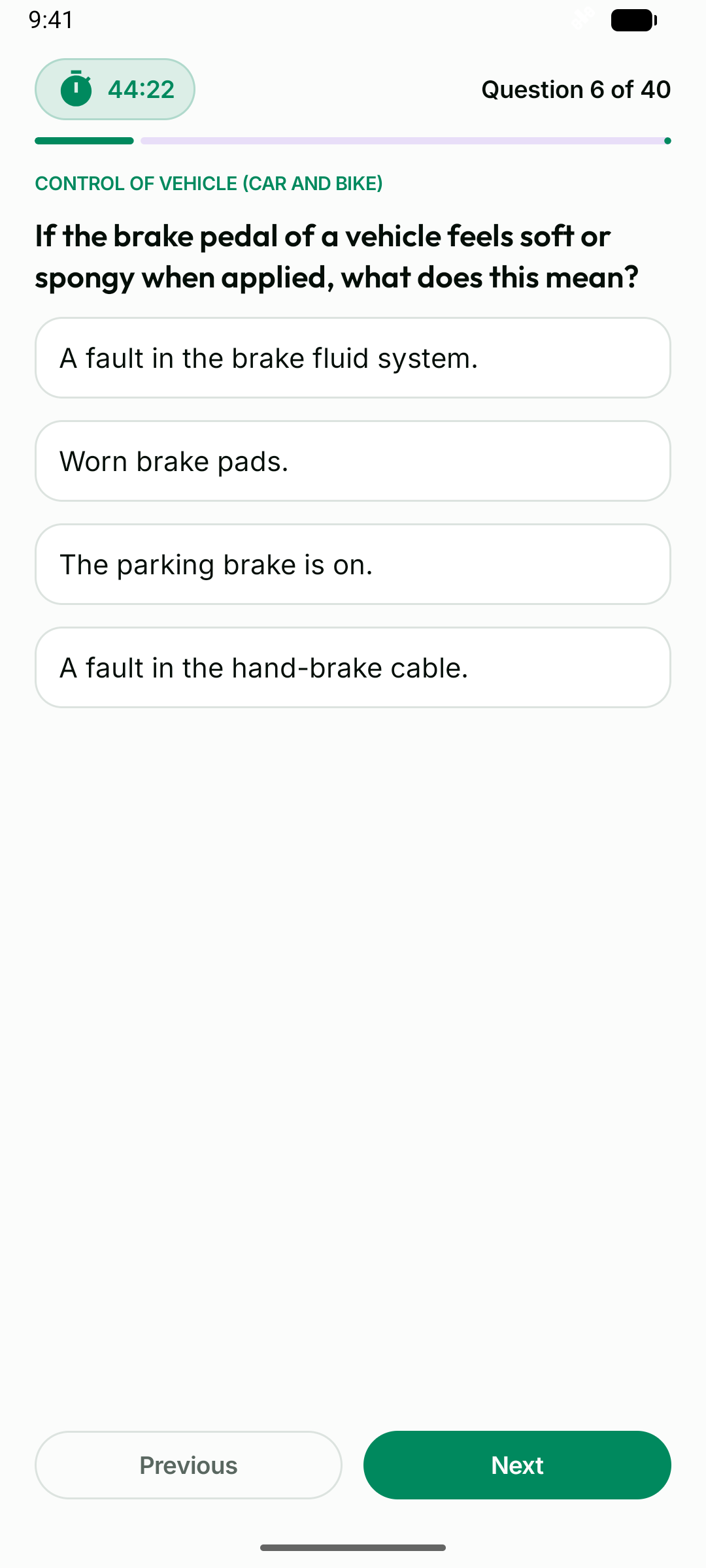 Screenshot of the Driver Theory app showing a timed mock exam with a countdown on a phone.
