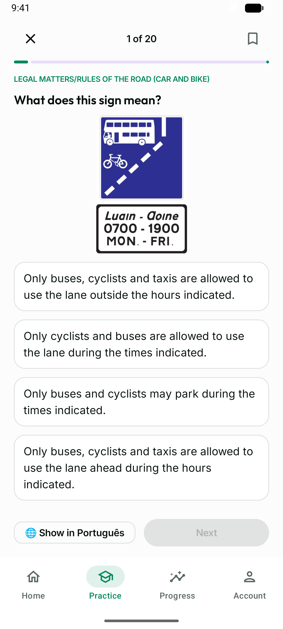 Screenshot of the Driver Theory app showing a practice question on a phone.