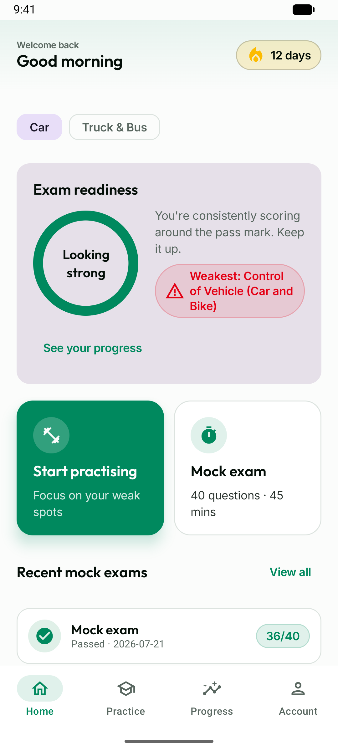 Screenshot of the Driver Theory app showing exam readiness and topic progress on a phone.