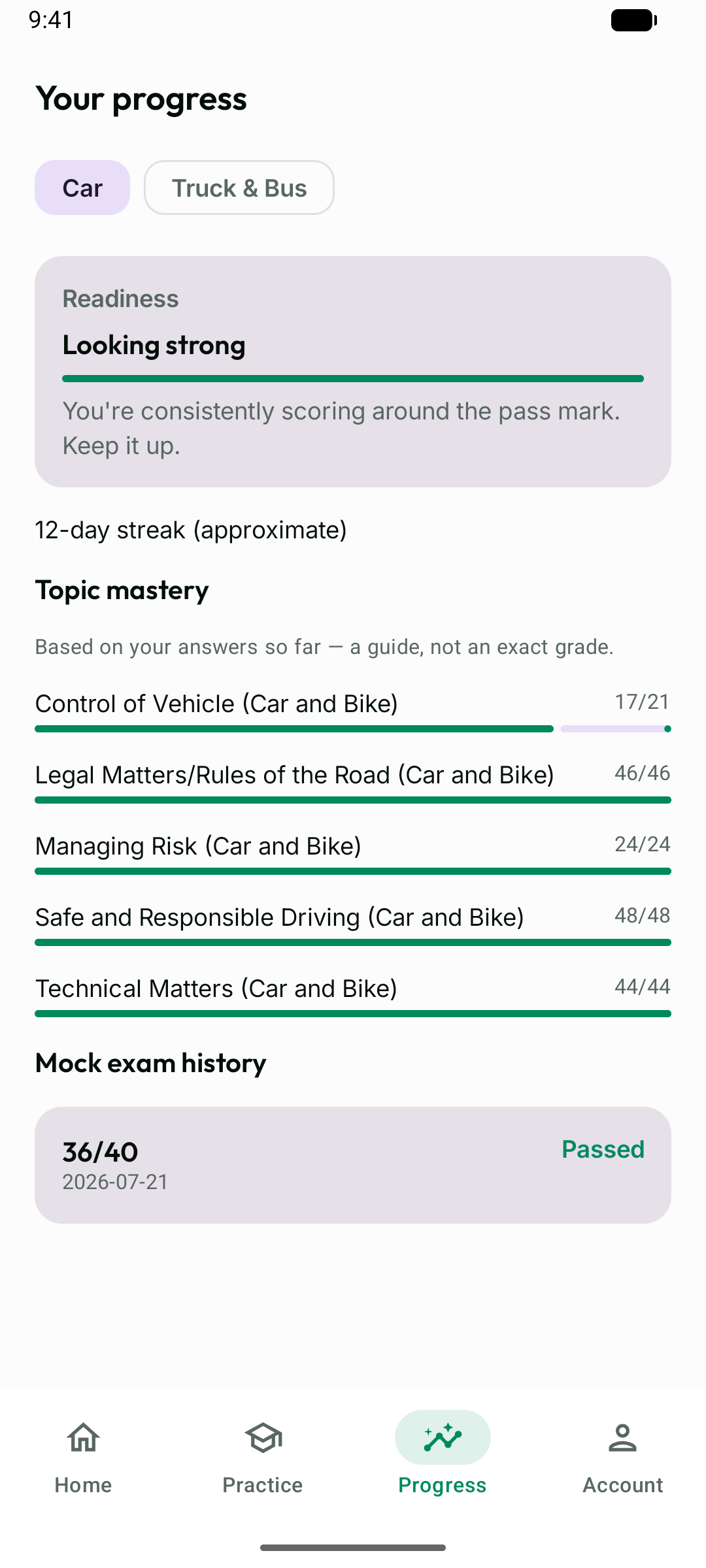 Screenshot of the Driver Theory app showing progress, topic mastery, and mock exam history on a phone.