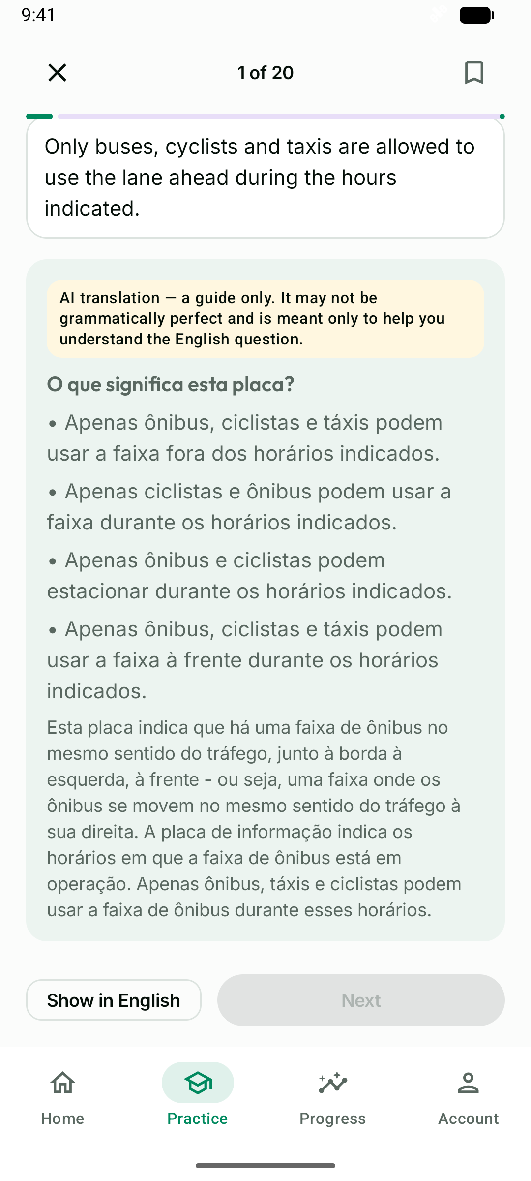 Screenshot of the Driver Theory app showing a question translated into another language on a phone.