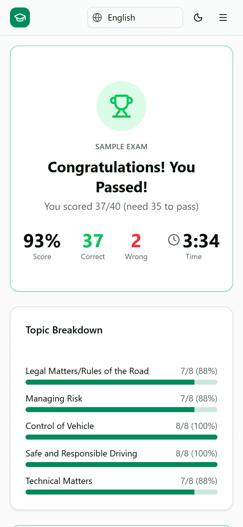 Mock exam results in the Driver Theory web app: a pass, with the score for each topic.