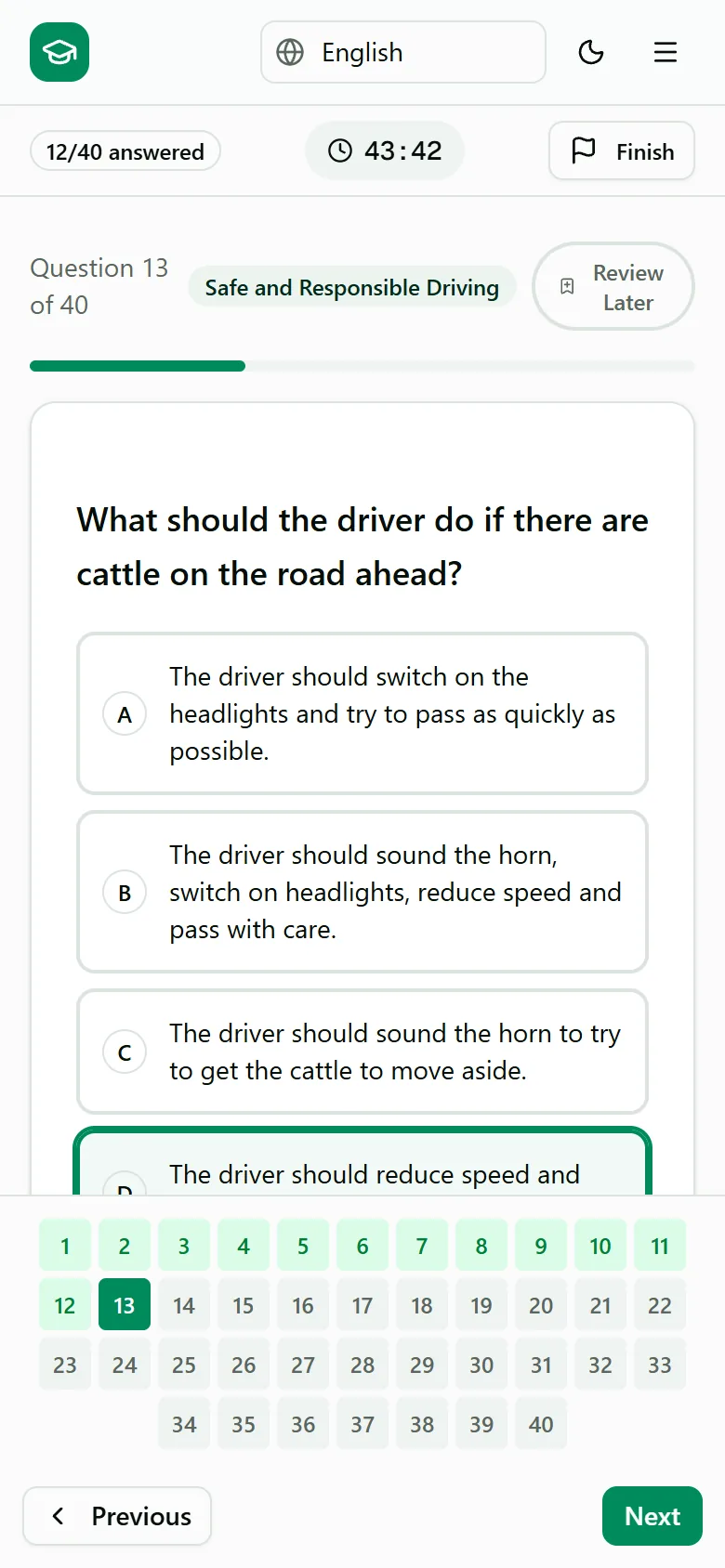 A timed mock exam in the Driver Theory web app, with the countdown and question grid.